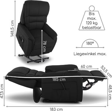 Крісло під телевізор MACOShopde від MACO Mbel Raburg з функцією підйому та відкидання, електрично регульоване з 2 двигунами та дистанційним керуванням, пружинна основа з кишеньковим механізмом, елегантна штучна шкіра Jan Black Чорна штучна шкіра