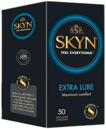 Презервативи SKYN Extra Lube 50 шт. /Skynfeel презервативи без латексу для чоловіків, чутливі презервативи, коробка для презервативів з екстра вологою, чутливі, презервативи шириною 53 мм