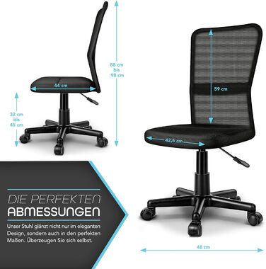 Офісний стілець TRESKO, стілець для роботи, обертовий стілець, доступний у 7 кольорах, з плавно хідними пластиковими колесами, плавне регулювання висоти, м&39яке сидіння, підйомний механізм, протестований SGS (чорний) Без підлокітників, чорний