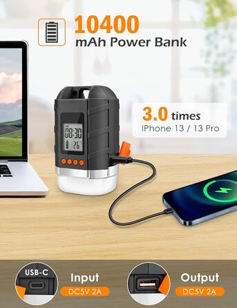 Акумуляторний зовнішній акумулятор для кемпінгового ліхтаря LED 15000 мАг з РК-дисплеєм, 4 режими, димер, відображення часу та температури, підходить для наметів, водонепроникний 2