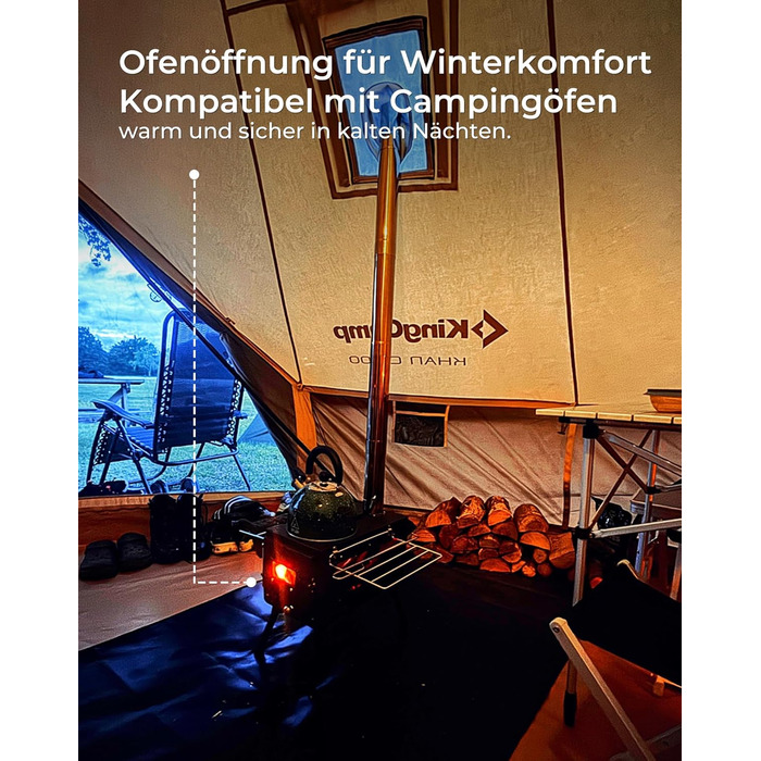 Намет для глемпінгу KingCamp, намет-дзвін для 6-12 осіб, 4-6,7 м, чиста бавовна/TC бавовна, водонепроникний, сімейний намет для відпочинку на природі з ПВХ-підкладкою, фестивальний намет для сімей та кемпінгових груп KHAN 4M T/C 210g Base Camp