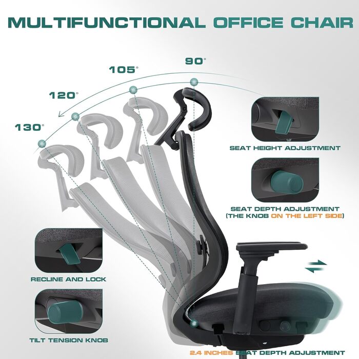Ергономічне офісне крісло COLAMY XK01 Atlas, крісло керівника з високою спинкою, регульованим підголівником та 4D-підлокітниками, розсувне сидіння, механізм захисту від нахилу, нейлонова основа, чорний колір, один розмір