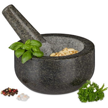 Гранітний розчин Relaxdays з товкачиком, міцний і довговічний, спеції, трави, полірований кам'яний розчин, Ø 16 см, 400 мл, сірий,