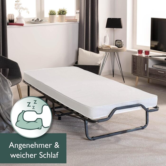 Розкладне ліжко для гостей Beautissu 90x200 см Міцне та складне дорожнє ліжко, включаючи захисний чохол та матрац з пінопласту товщиною 10,5 см Розкладне ліжко без складання Міцний сталевий каркас та 4 колеса Venetia 90x200 см Білий