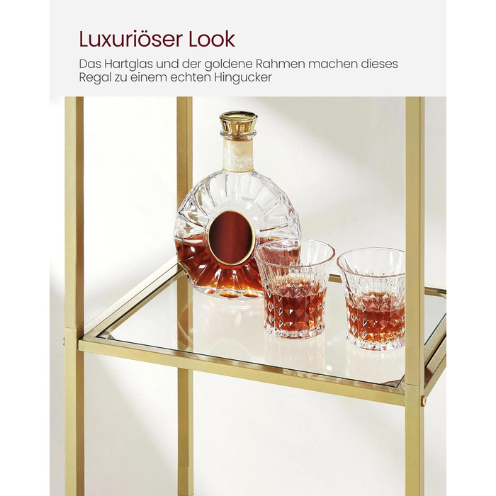 Полиця VASAGLE, 5-ярусна книжкова полиця, окремостояча полиця із загартованого скла, арочна полиця для зберігання, металевий каркас, для вітальні, спальні, кабінету, ванної кімнати, металеве золото-прозоре LGT501A01 30,2 x 40 x 183,5 см металеве золото пр