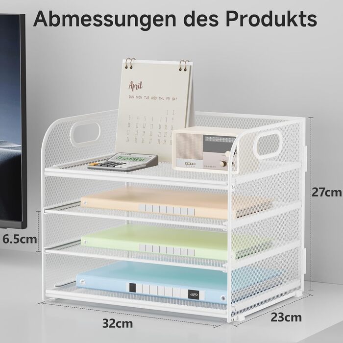 Органайзер для столу VITVITI, 4-ярусний лоток для листів, штабелювані тримачі для файлів, лотки з ручками, канцелярське приладдя для документів A4, паперу, книг, журналів (білий)