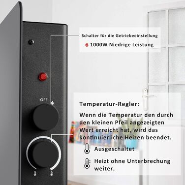 Конвекторний обігрівач DONYER POWER 1000 Вт, ультратонкий, настінний або окремостоячий, чорна скляна панель 1 кВт чорного кольору