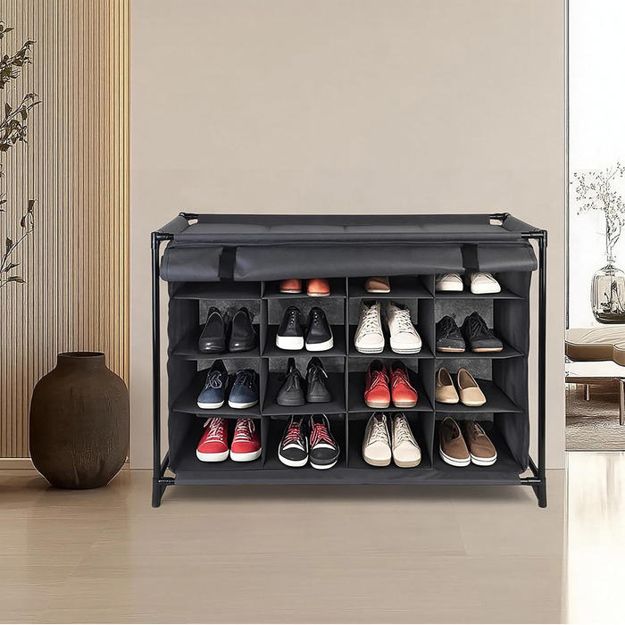 Стійка для взуття Relaxdays, 16 відділень, тканинна шафа для взуття зі шторкою, ВxШxГ 65 x 85 x 35,5 см, шафа для кемпінгу, сіра