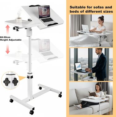Мобільний столик для ліжка на колесах, регульована висота бічного столика 60-90 см та кут нахилу, столик для догляду за ліжком, столик для ноутбука, столик для дивана на колесах, столик для стояння зі звукоізоляцією (білий)