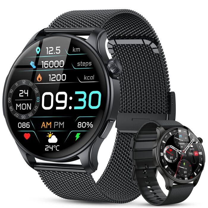 Розумний годинник для чоловіків та жінок з функцією телефону наручний годинник з Bluetooth-дзвінками, водонепроникний фітнес-трекер, розумний годинник з пульсометром, монітором сну, крокоміром, спортивний годинник для Android та iOS, чорний