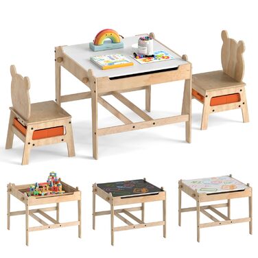 Дитячий стіл DREAMADE 3-в-1 з 2 стільцями, дерев&39яний дитячий комплект сидіння з двосторонньою магнітною дошкою, коробки для зберігання, спинки у формі ведмедика/робота, комплект дитячого столу та стільців, комплект меблів для дитячої кімнати (Ведмідь)