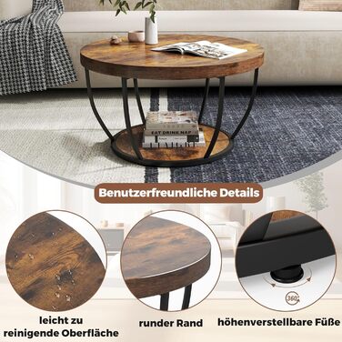 Круглий журнальний столик COSTWAY, дерев&39яний диванний столик з 2 ярусами та металевим каркасом, журнальний столик для вітальні діаметром 80 см для вітальні, приймальні, офісу (рустикально-коричневий)