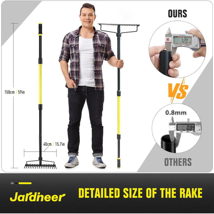 Гребінь садовий Jardineer, 150 см, металевий довгоручний граблі для щебеню, каменів, листя, вирівнювання ґрунту, ландшафтного дизайну, з 18 сталевими зубцями