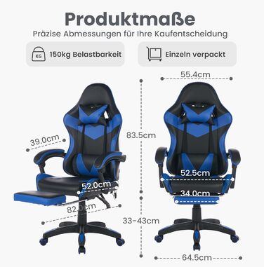 Ігрове крісло Anwick з підніжкою та регульованою поперековою опорою офісне крісло з регульованою висотою в гоночному дизайні, включаючи підголівник та вантажопідйомність 150 кг (синє)