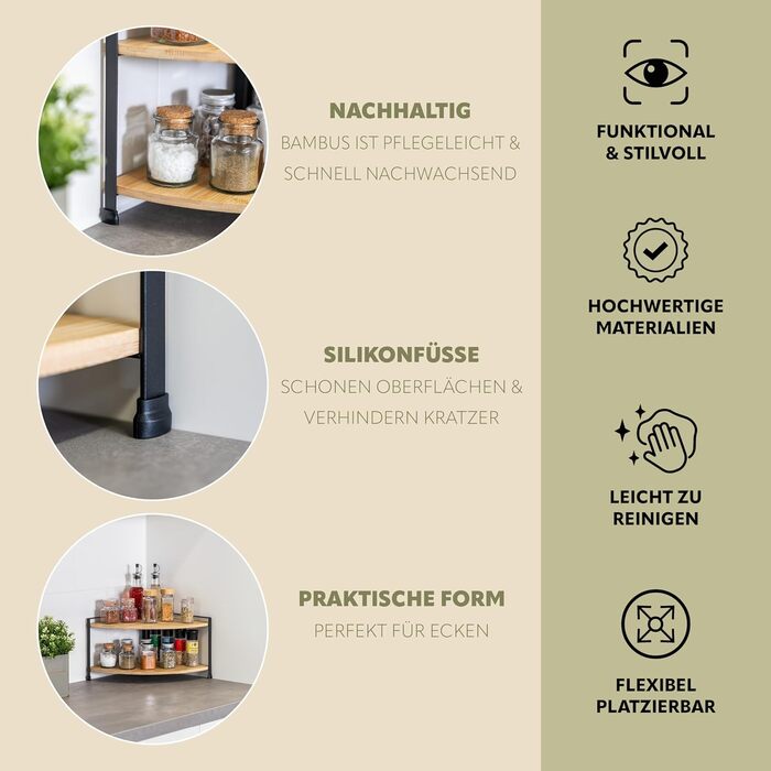 Кутова полиця для спецій eluno з бамбуковими полицями та захистом від подряпин, окремостояча кутова полиця для кухні, універсальний органайзер для більшого простору та порядку - комбінація матеріалів бамбук та метал (чорний)