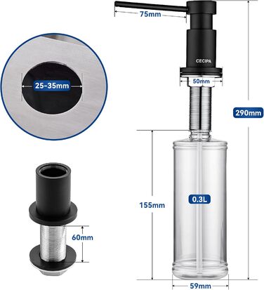 Дозатор мила кухонний вбудований, дозатор миючого засобу для раковини з пляшкою 300 мл і подовжувальним шлангом 1,2 м, мідний дозатор мила з верхнім наповненням, насос, що обертається на 360, чорний