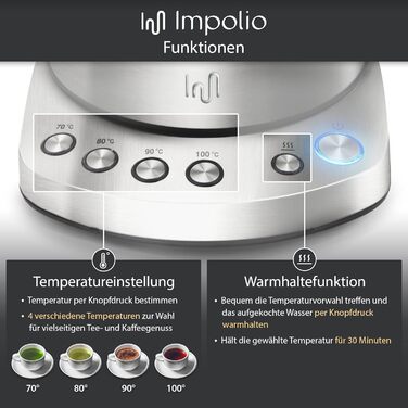 Скляний чайник Impolio PREMIUM LED з регулюванням температури функція збереження тепла, ситечко для чаю з нержавіючої сталі насадк