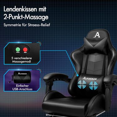 Крісло для відеоігор ALFORDSON, ергономічне офісне крісло, масажне гоночне крісло, висувна підставка для ніг, шкіра штучна, регулювання висоти та нахилу, вантажопідйомність 180 кг, чорний колір Vogler - чорний