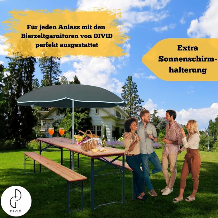 Комплект пивних наметів DIVID, 3-елементний, складаний та портативний, комплект пивних наметів, 2 лавки та 1 стіл, тримач для парасольки, дерев&39яний, комплект сидінь, пивний стіл, 170x46x75, комплект садових меблів