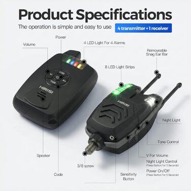 Бездротовий сигналізатор Hirisi Tackle Carp Fishing, 4 сигналізації та 1 приймач, повністю функціональні індикатори клювання, бездротова риболовля SX1-3