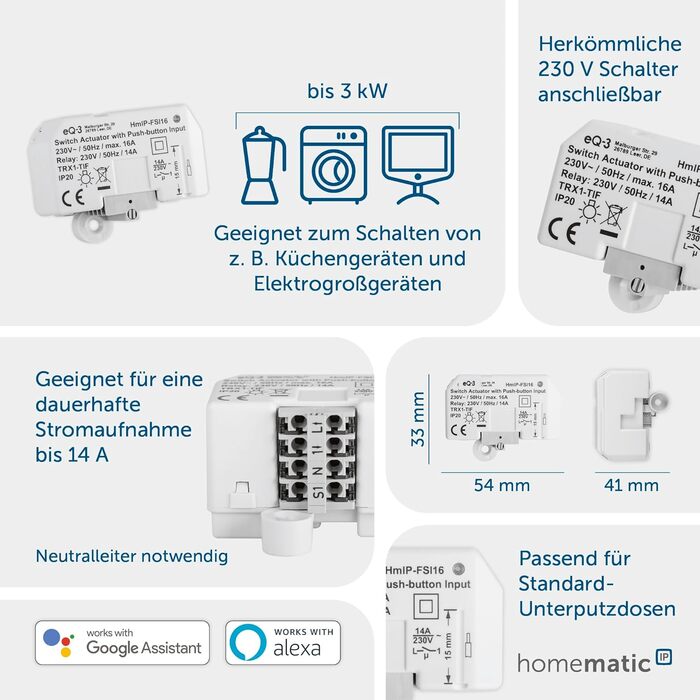 Світлодіодний контролер Homematic IP Smart Home RGBW, непряме освітлення, керує світловими стрічками. Світлодіодні стрічки через додаток, Google Assistant і Alexa, 157662A0 (комутаційний привід з кнопковим входом (16 А))