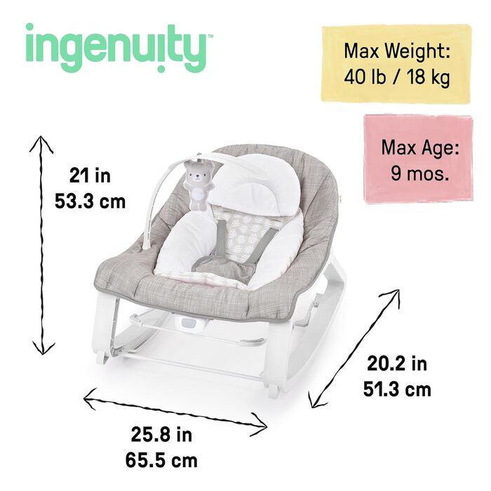 Дитячий багатофункціональний центр Ingenuity Затишний ведмедик шезлонг, гойдалка та крісло для малюків від народження до 30 місяців, з вібрацією та іграшковою дугою.