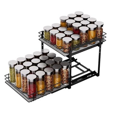 Висувна підставка для спецій, 2 рівні, підставка для спецій, органайзер для кухонної шафи, місце для зберігання спецій, верхній та нижній кошики можна висувати окремо, підставка для спецій, що стоїть