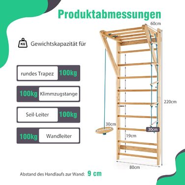 Дерев&39яна стіна для скелелазіння GYMAX, стіна для скелелазіння в приміщенні для дорослих та дітей, гімнастична стіна з турніком, мотузковими сходами та трапецією, стіна для фітнесу, вантажопідйомність до 100 кг, шведські сходи для домашнього використанн
