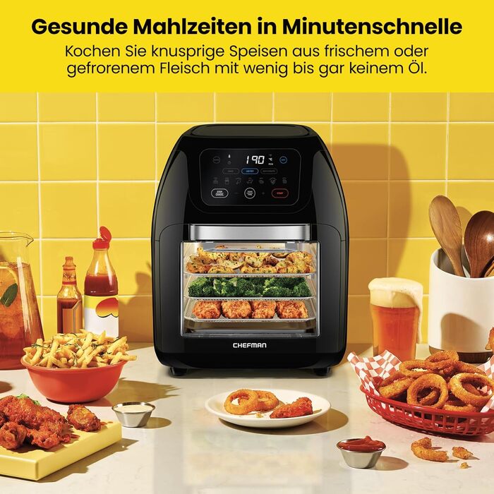 Багатофункціональна цифрова фритюрниця Chefman гриль, дегідратор, конвекція, 17 попередньо встановлених сенсорних екранів, сімейний розмір XL 10 л, автоматичне вимкнення, велике вікно огляду, чорний Великобританія