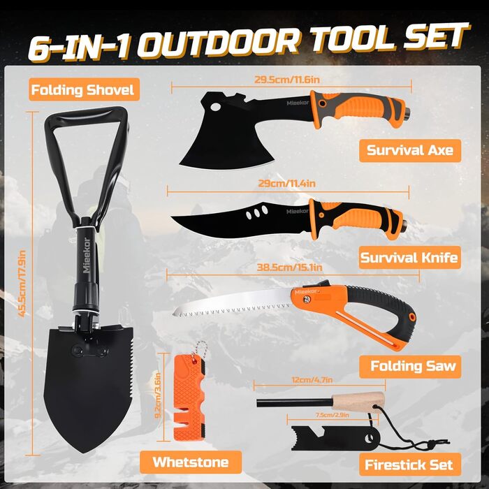 Набір для виживання 6-в-1 ніж, складний сокира та інструменти для активного відпочинку. Комплект обладнання для виживання з складною пилкою, складаним лопатею, кресалом. Ідеальний подарунок для чоловіків, які люблять кемпінг, пригоди та піші прогулянки.