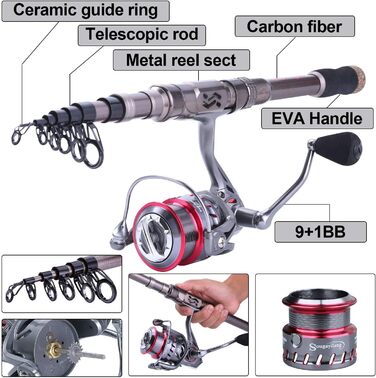 Комбінація вудок і котушок Sougayilang, телескопічна вудка з вуглецевого волокна 12 1 BB спінінгова котушка з сумкою для перенесення для набору снастей для морської та прісноводної риболовлі Fishing Rod-S24