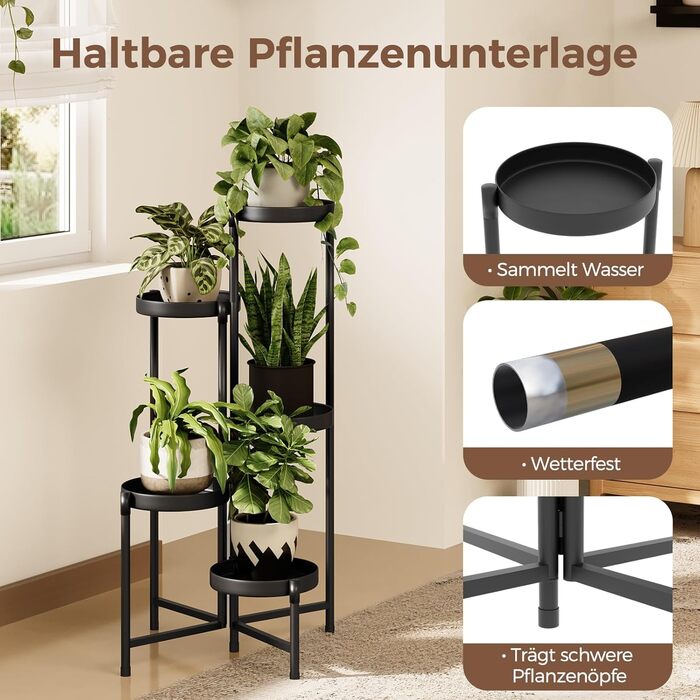 Металева підставка для квітів Bamworld, 5 ярусів, сучасна полиця для рослин для використання в приміщенні та на вулиці, міцна підставка для рослин з кількома полицями, компактний квітковий табурет для вітальні, балкона, саду, чорний - 5 шт. у упаковці