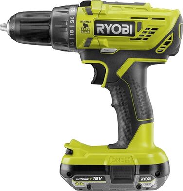 Акумуляторний ударний дриль-шуруповерт RYOBI 18 В ONE R18PD32-1C20G (2-швидкісний редуктор, крутний момент 50 Нм, рівні крутного м