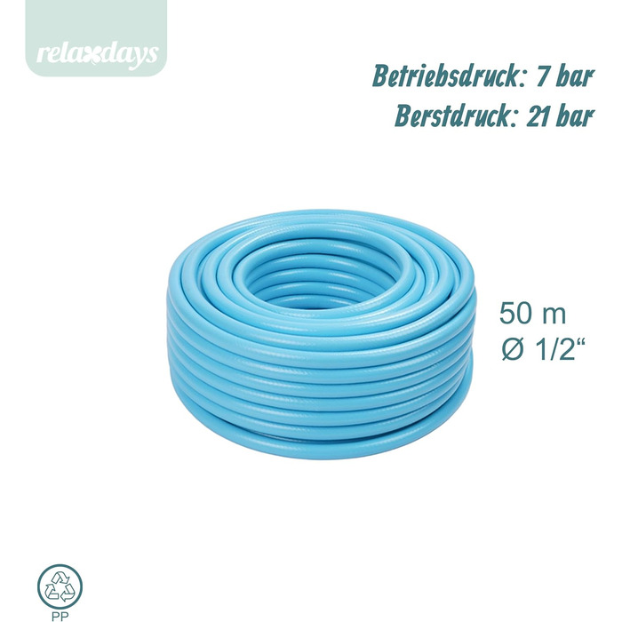 Шланг садовий Relaxdays, на вибір довжини, універсальний водопровідний шланг 1/2, стійкий до УФ-випромінювання та погодних умов, PP, світло-блакитний, 50 м