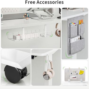 Письмовий стіл з регульованою висотою (140 x 70 см) Комп&39ютерний стіл з електричним регулюванням висоти, 4 режимами пам&39яті, дошкою для записів та колесами, що обертаються на 360 Стіл SN1 140 x 70 см Білий біла рама