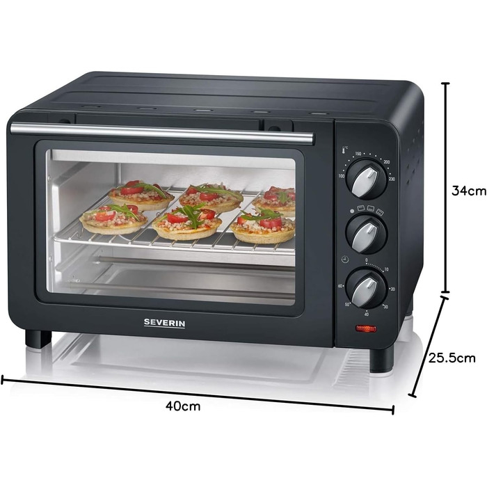 Піч для випічки та підсмажування SEVERIN, міні-духовка з решіткою для гриля, деком для випікання та піддоном для крихт, універсальна конвекційна піч ємністю 14 л, 1 200 Вт, чорно-срібляста, TO 2064 одинарна