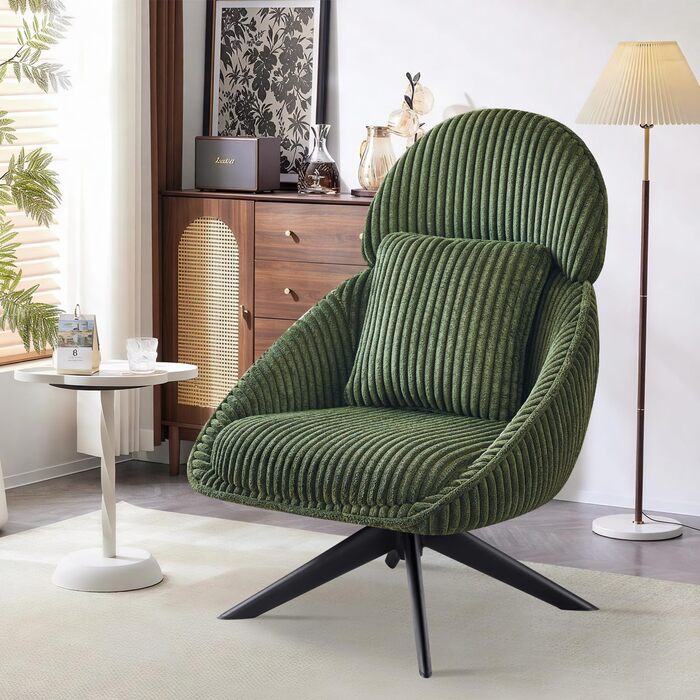 Крісло-шезлонг, крісло для вітальні, поворотне на 360, крісло з відкидною спинкою, м&39яке крісло з товстою знімною декоративною подушкою, крісло-реклайнер/крісло для читання для вітальні, спальні, офісу, зелене