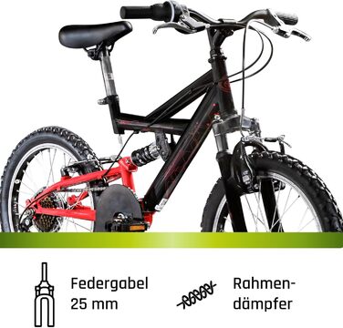 Велосипед Galano FS180 18 дюймів для дітей віком від 5 років, дитячий велосипед, гірський велосипед для хлопчиків та дівчаток, повнопідвісний велосипед для дітей, гірський велосипед унісекс, легкий, велосипед для хлопчиків та дівчаток, чорний/червоний, 28