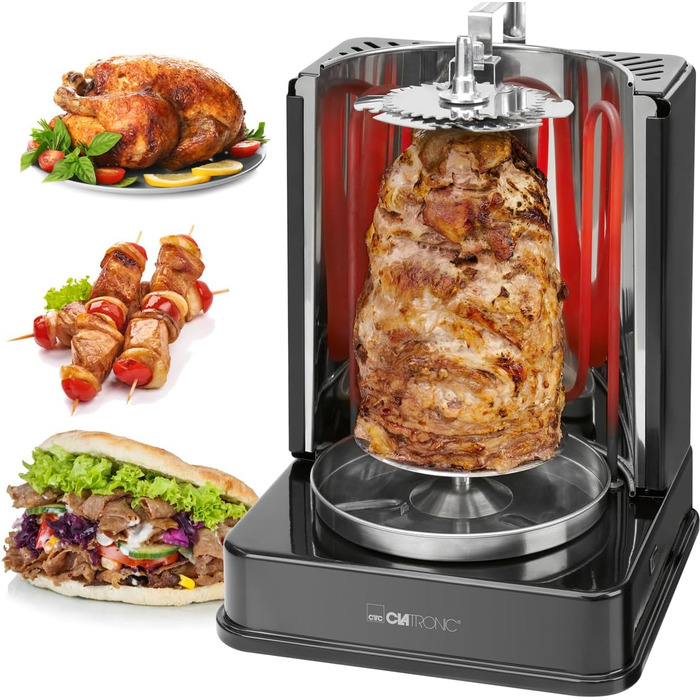 Вертикальний мультигриль Clatronic Dner-Vertikal-Multigrill Ідеальний для гіроса, кебаба та іншого Гриль для здорового приготування страв без жиру вдома Включає обертовий вертел та 6 шампурів для м'яса DVG 3686