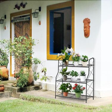 Металева підставка для рослин Bomblap, 3-рівнева підставка для рослин, тримач для квіткових горщиків для зовнішнього використання, балкону, саду, багатофункціональна підставка для квітів великої місткості, чорна