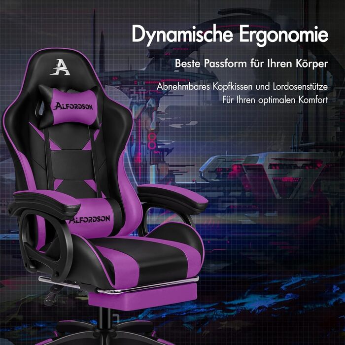 Офісний стілець ALFORDSON, Робочий стілець з масажною подушкою для попереку, Ергономічне комп&39ютерне крісло з відкидною спинкою, Поворотне крісло з підставкою для ніг, Регульована висота, Фіолетовий