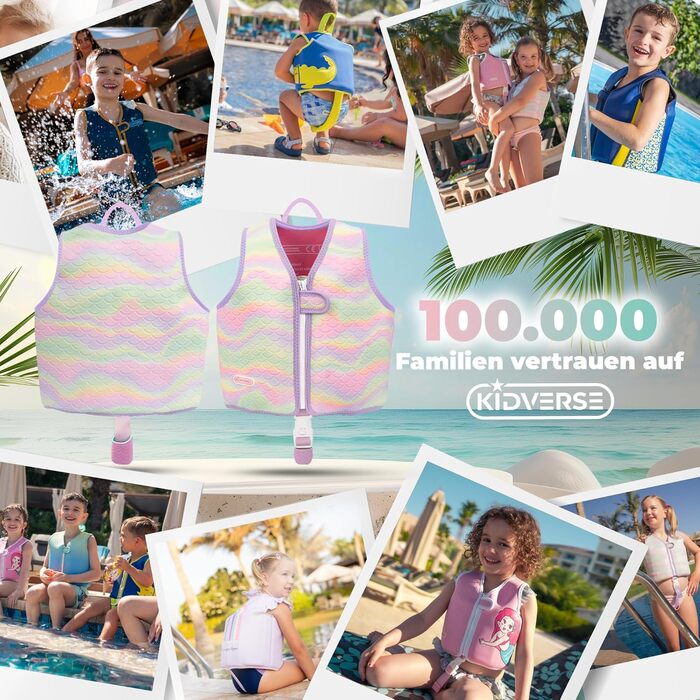 Дитячий рятувальний жилет KIDVERSE - Зручний засіб для плавання для дітей - Безпечне навчання плаванню для хлопчиків та дівчаток - Дитячий рятувальний жилет - Розмір S (15-19 кг) та Розмір M (19-30 кг) Фіолетова Русалка M