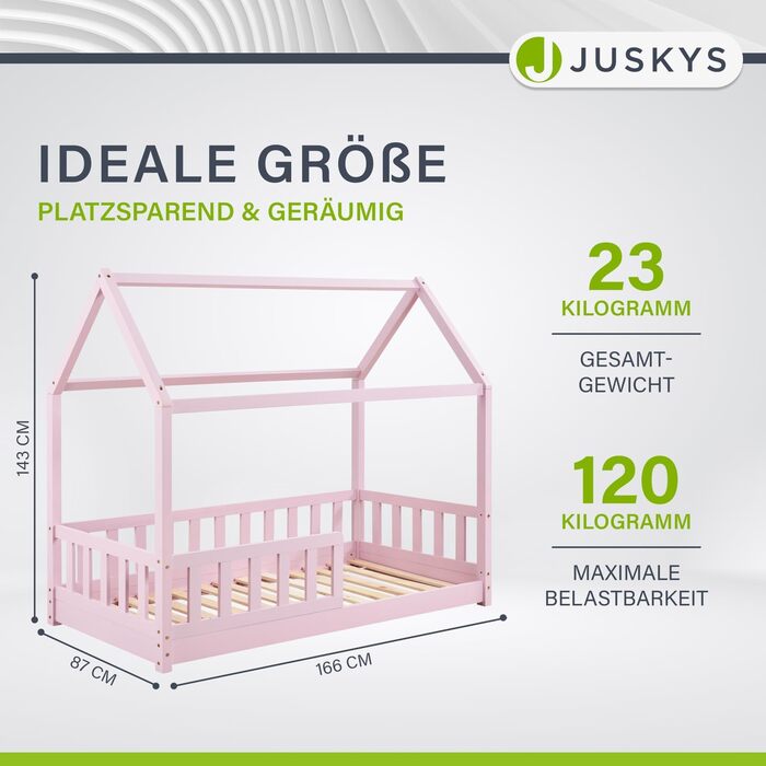 Дитяче ліжко Juskys Marli 80 x 160 см із захистом від падіння, рейковою основою та дахом - Ліжко-будиночок з масиву дерева для дітей - Ліжко кольору троянди
