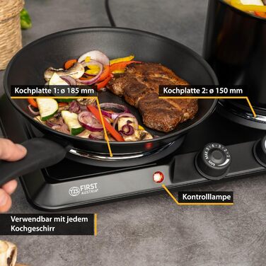 Подвійна конфорка TZS First Austria 2500 Вт Чавунні варильні поверхні 180/150 мм Ручне керування Металевий корпус мобільний для кемпінгу та подорожей Чорний