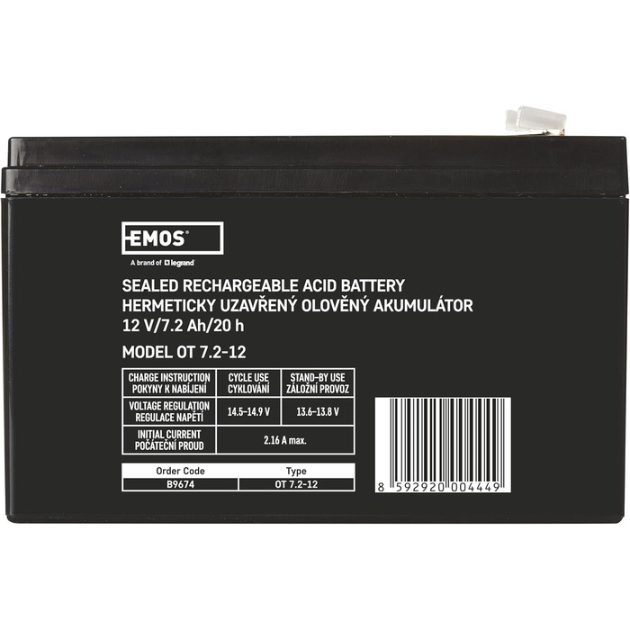 Свинцево-кислотний акумулятор, що не потребує обслуговування - 12 В 7,2 Аг - AGM акумулятор - роз&39єм Faston 6,3 мм - для пристроїв ДБЖ, сигналізації - 151 x 65 x 94 мм чорний 151 x 65 x 94 мм