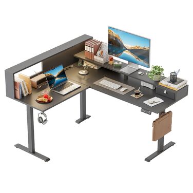 Г-подібний письмовий стіл Klicelor з регульованою висотою та шухлядами, 160 x 140 см, кутовий стіл з підставкою для монітора, комп&39ютерний стіл з функцією сидячи/стоячи з розетками та світловою стрічкою, чорний 160 x 140 см з вилкою та світлодіодним під