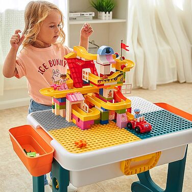 Дитячий настільний ігровий стіл AufuN 5-в-1 з регульованою висотою та стільцями, ігровий стіл, великий багатофункціональний набір будівельних блоків, пісочниця з місцем для зберігання, 2 стільці, подарунок для хлопчиків та дівчаток 63 x 47 x 56 см
