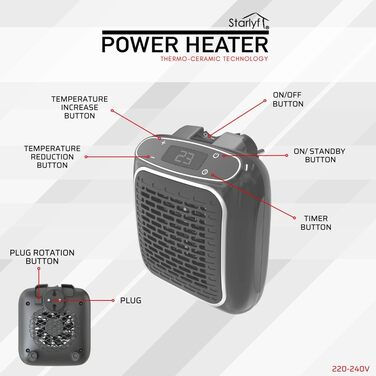 Електричний настінний вентилятор-обігрівач потужністю 800 Вт з термокерамічною технологією Цифровий термостат, 12-годинний таймер, поворотна вилка на 270, тихий та безпечний