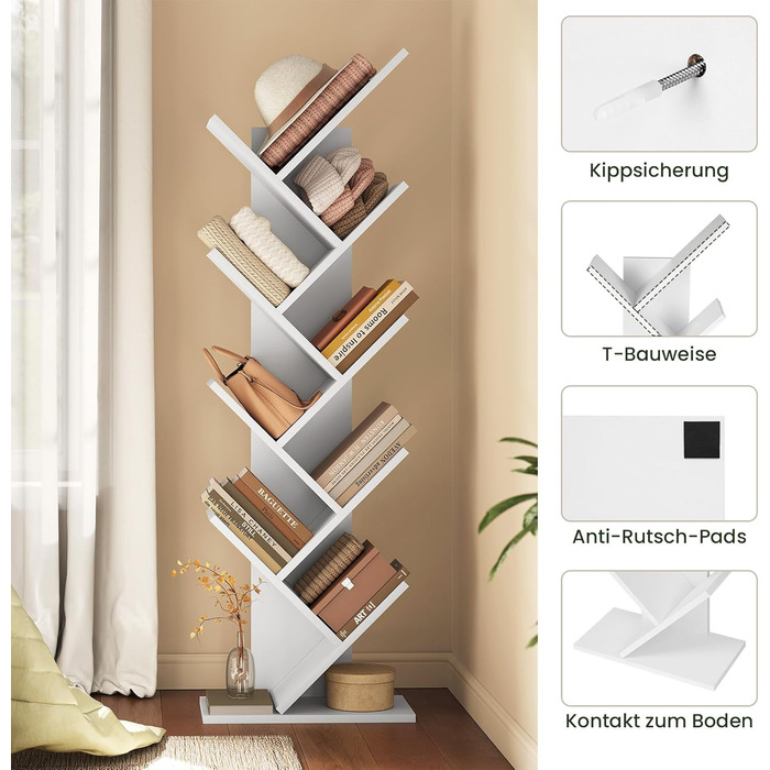 Книжкова полиця EUGAD у формі дерева, окремостояча полиця для CD/DVD з 9 полицями, полиця для зберігання, кутова полиця для спальні, вітальні, 40x127x20 см, білий