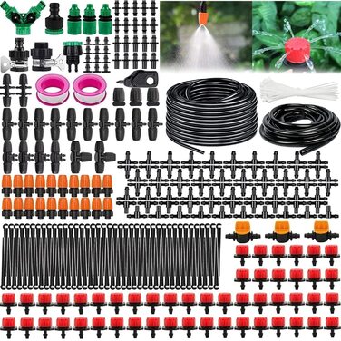 Система зрошення саду, комплект для зрошення саду 340 шт., зрошувальні труби 55 м 15 м, автоматичний крапельний полив саду Система охолодження туманоутворення для ландшафту, клумб і патіо